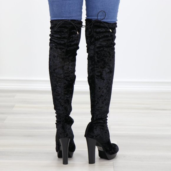 Black Velvet Thigh High Heel Boots Back Tie - Picture 7 of 15